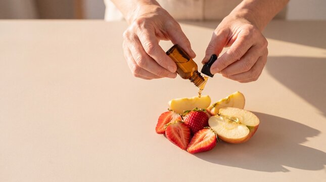 Overhead View of Female Hands Squeezing Golden Fisetin Dropper over Fruits for Wellness Banner