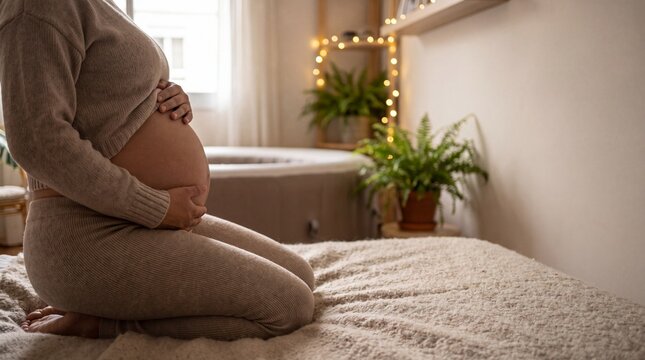 Pregnant Latina Woman Cradling Belly in Home Birth Setting for Editorial Lifestyle Story