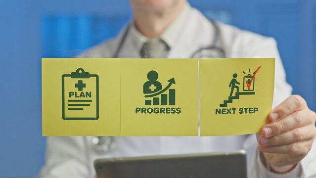 Healthcare professional holding three yellow cards depicting icons and text for medical plan, patient progress, and next steps in a recovery or treatment journey