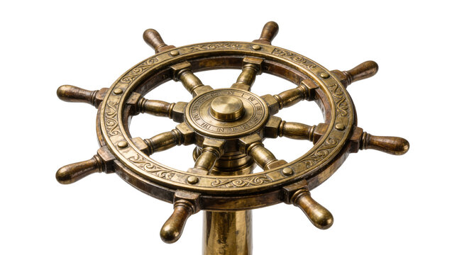 Ornate antique brass ship s wheel with intricate carvings, isolated on transparent background