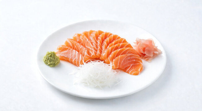 Fresh salmon sashimi meticulously arranged on a white plate, accompanied by a dollop of vibrant green wasabi and delicate pickled ginger