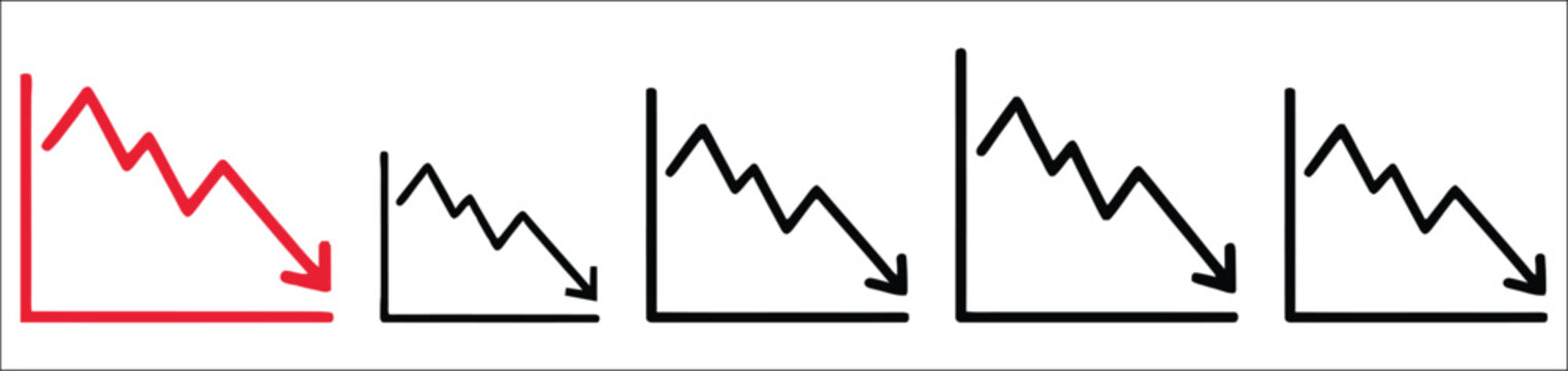 Arrow trend down line icon set featuring negative growth, cost reduction, declining analytics, financial loss and downward business trends.