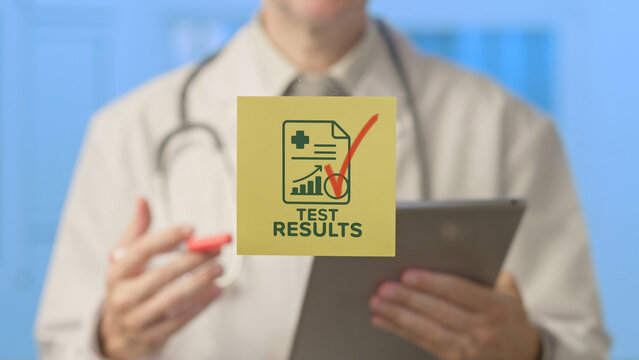 Doctor in lab coat with stethoscope reviews positive test results on a tablet and sticky note, marking approval and documenting patient progress in a clinical setting