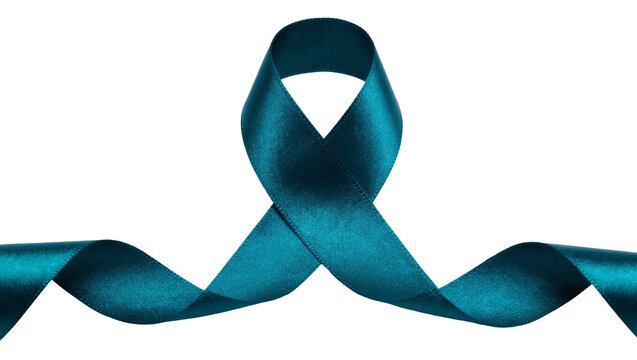 Teal satin ribbon tied in a bow shape, isolated on transparent background
