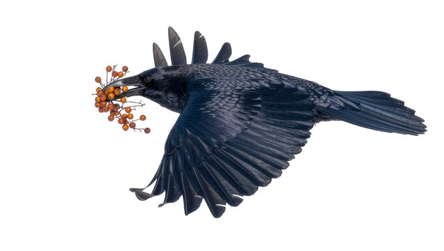 Black raven bird with beak holding orange berries, isolated on transparent background