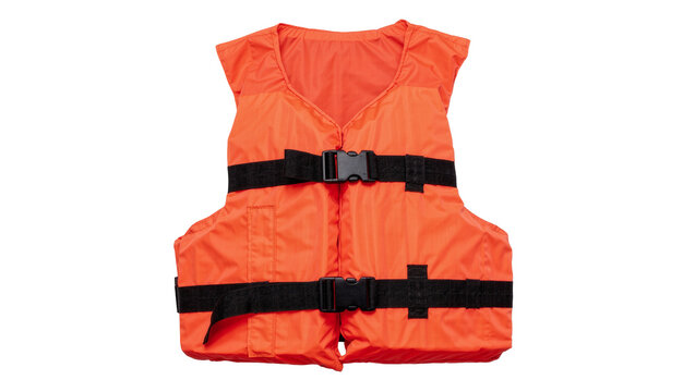 Bright orange life vest with black straps and buckles, isolated on transparent background