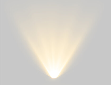 Warm yellow spotlight beam projecting upward on transparent background. Stage illumination and wall light effect. Vector illustration for design overlay