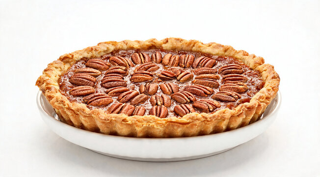 A delicious pecan pie presented on a white plate. The crust is golden brown and flaky, topped with a generous arrangement of whole pecans. The filling appears rich and glossy.