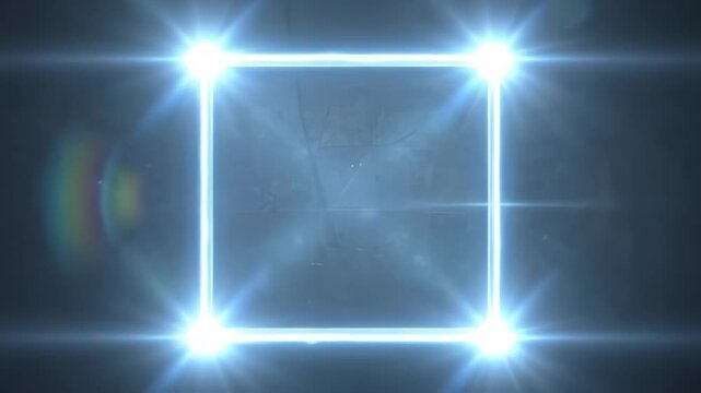 Glowing blue neon square frame with bright flare lights and optical effects