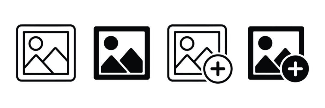 image gallery icon set, add photo, picture placeholder and media file upload symbols