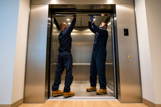 Two workers repairing an elevator in a building during daytime