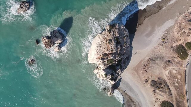 Aerial view of Aphrodite's Rock on the Cyprus coast