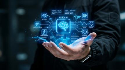 Obraz premium Man's hand holding glowing blue digital brain interface with data streams during nighttime cityscape bokeh