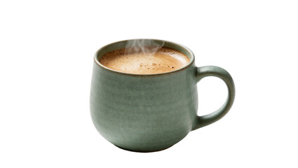 Steaming hot coffee in a rustic green ceramic mug, isolated on transparent background
