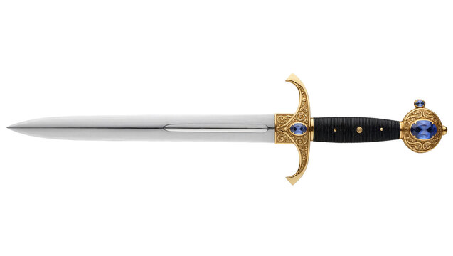 Ornate golden dagger with blue gemstones and black handle, isolated on transparent background