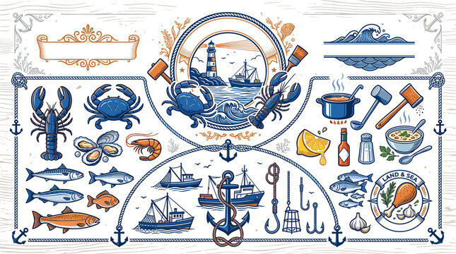 Seafood and fishing elements collection with lighthouse, lobster, crab, fish, and cooking tools