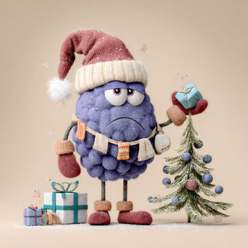 Purple character with hat and gloves stands beside decorated Christmas tree holding a small gift in winter setting