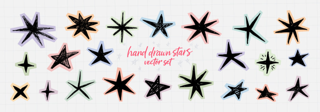 Pastel scrapbooking stars, doodle sparkle collage, paper cut-out style stickers. Hand drawn star stickers with black scribbled shapes and pastel borders. Scrapbooking sparkle collage. Vector set