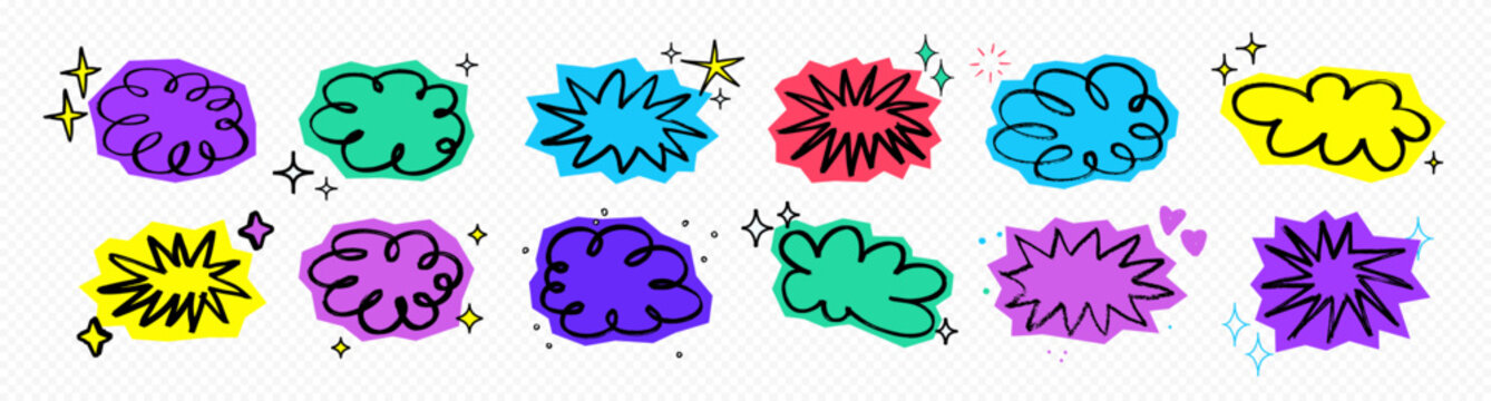 Text boxes scrapbook stickers with scribble blob shapes, starburst badges, sparkles and hearts for social media. Empty text boxes, scrapbook stickers. Hand drawn speech bubbles frames. Vector set