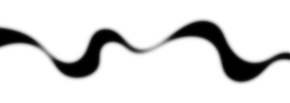 Flowing Halftone wave line with dot pattern texture. Black and white abstract flowing ribbon shape. Monochrome halftone wave with alternating thick and thin curves on white. Vector background pattern