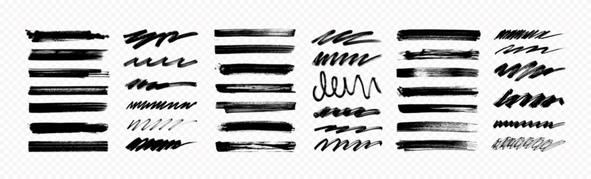 Marker brush stroke lines and scribble underline, graphic set. Hand drawn rough ink and marker textures, brush strokes, straight, wavy and zigzag marks for highlighting text. Vector asset, collection