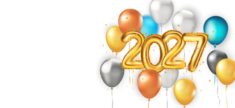 2027 Happy New Year Banner with copyspace. 3D gold foil number balloons, colorful metallic party balloons and confetti on white background. 3D realistic banner - 2027 Happy New Year. Vector background