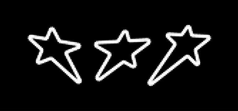 Three white retro halftone star outlines on a black background. Irregular elongated y2k shapes with dotted borders for stickers, posters, t-shirt prints, acid Y2K design . Halftone stars, vector art