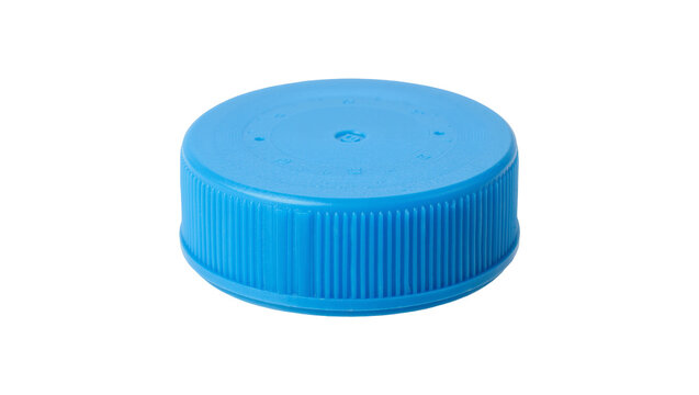 Blue plastic bottle cap with ribbed texture, isolated on transparent background