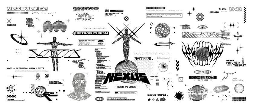 Retrofuturistic and Y2K bitmap collage elements with wireframe shapes, stars, 3D earth globe in bitmap style. Acid futuristic assets for streetwear, t-shirt, collage design. HUD and Y2K, vector pack