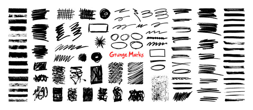 Black grunge graphic box - marker brush strokes, roller marks, scribble lines, sketchy scratches, curved lines, highlighters, underlines, brush strokes. Rough ink textures, grunge collage. Vector set
