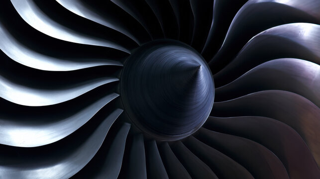 A jet engine turbine displays its circular blades and central cone. The metallic parts reflect light. This is part of the aircraft used for flight