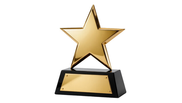 Golden star trophy with black base and gold plaque, isolated on transparent background