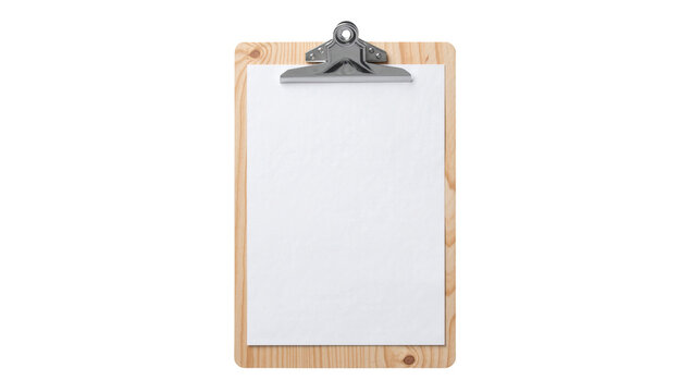 Wooden clipboard with blank white paper and metal clip, isolated on transparent background