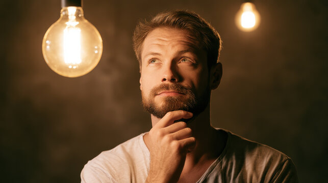 A man in casual clothing is deep in thought as he gazes upwards at a bulb hanging above him. The low light creates a focused atmosphere in the room