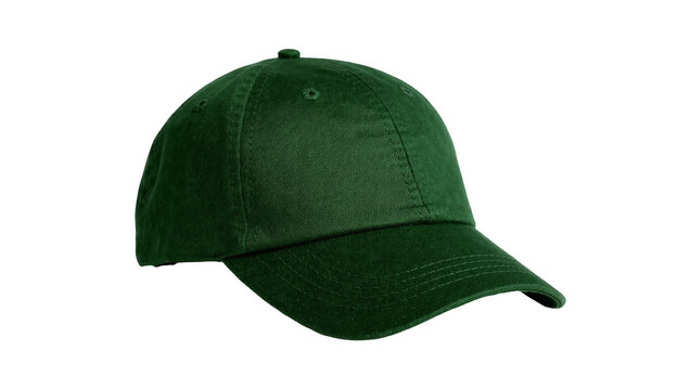 Dark green baseball cap with stitched seams, isolated on transparent background