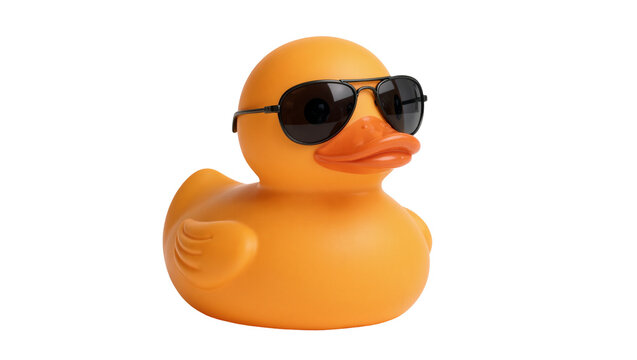 Orange rubber duck wearing black aviator sunglasses, isolated on transparent background