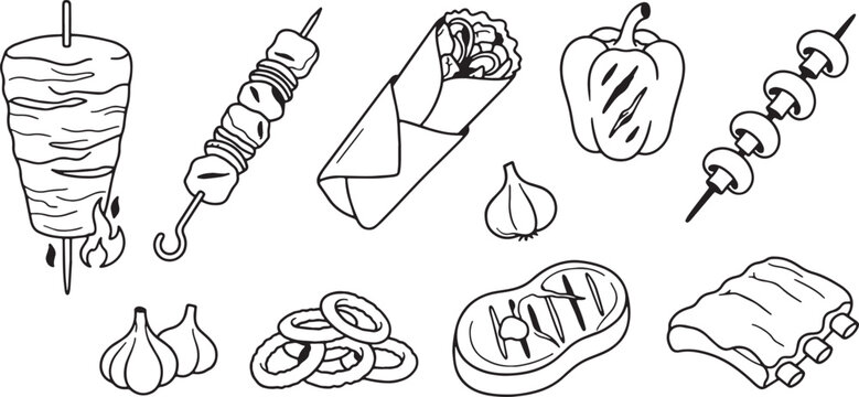 Doodle set of kebab and grilled meat, hand drawn vector icons, black outline illustration for fast food and barbecue concept.