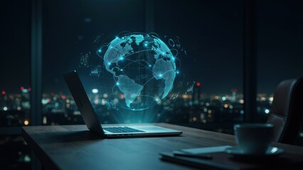 Obraz premium Digital glowing globe hologram projecting from a laptop on a dark office desk at night with hologram interconnected data laptop computer screen