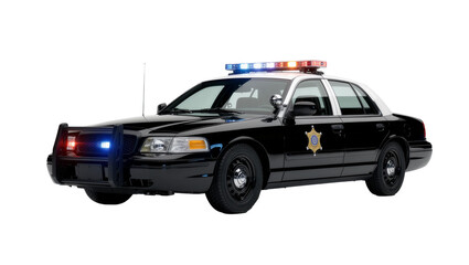 Black and white police cruiser with flashing red and blue lights, isolated on transparent background © James