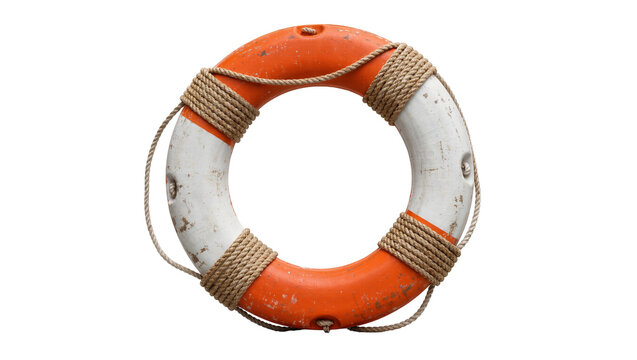 Orange and white life preserver ring with thick rope, isolated on transparent background