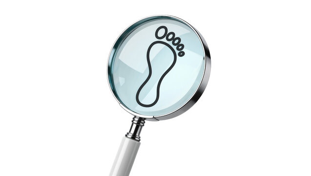 Magnifying glass examining a black footprint icon, isolated on transparent background