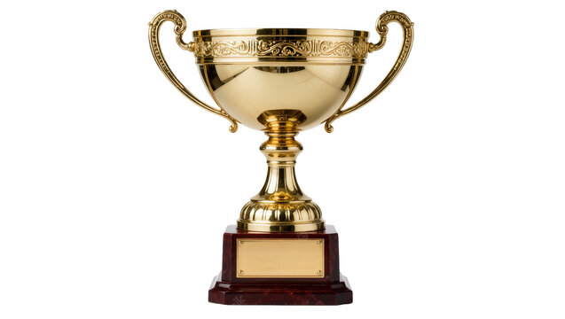 Ornate golden trophy with decorative handles and blank plaque, isolated on transparent background