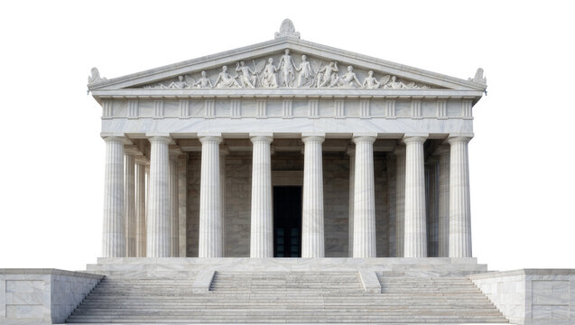 Grand marble neoclassical building with Doric columns and pediment sculptures, isolated on transparent background