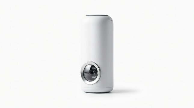 Minimalist white smart security camera, sleek modern home surveillance device, wireless indoor 360 degree monitoring system on white background