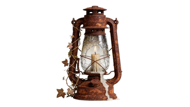 Rusty kerosene lantern with lit candle and ivy vine, isolated on transparent background