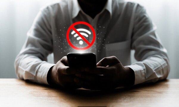 Person holding smartphone with no wifi symbol indicating internet connection problem or signal loss.