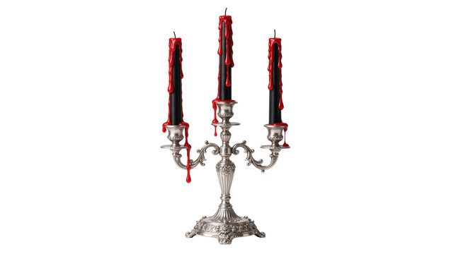 Ornate silver candelabra holding three black candles with dripping red wax, isolated on transparent background