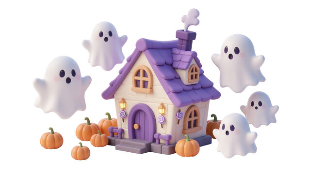 Cute cartoon ghosts surrounding a whimsical purple haunted house with pumpkins, isolated on transparent background
