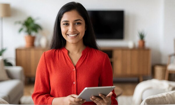 Smiling indian woman in red shirt holding digital tablet standing in cozy living room.