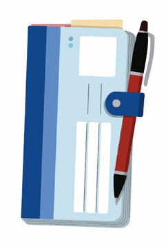 Blue checkbook register with red pen clipped to cover, flat vector illustration icon for banking finance accounting and bookkeeping documents. Simple minimal design on clean white background